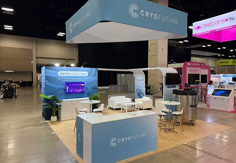 20x20 Exhibition Booth Rental for CRYO Future at ASRM 2025 Designed and Built by Triumfo Inc. in San Antonio, Texas